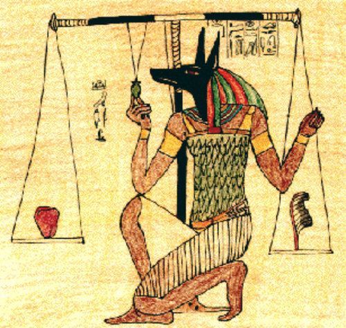 Text och bild från Wikipedia: “Denna detaljscen från Hunefers papyrus (ca. 1375 f.Kr.) visar hur Hunefers hjärta vägdes på Maats våg mot sanningens fjäder av den schakalhövdade Anubis. Den ibis-hövdade Thoth, gudarnas skrivare, registrerar resultatet. Om hans hjärta är lättare än fjädern, tillåts Hunefer att passera in i livet efter detta. Om inte, blir han uppäten av den väntande Ammit. Vinjetter som dessa var en vanlig illustration i egyptiska dödböcker.”